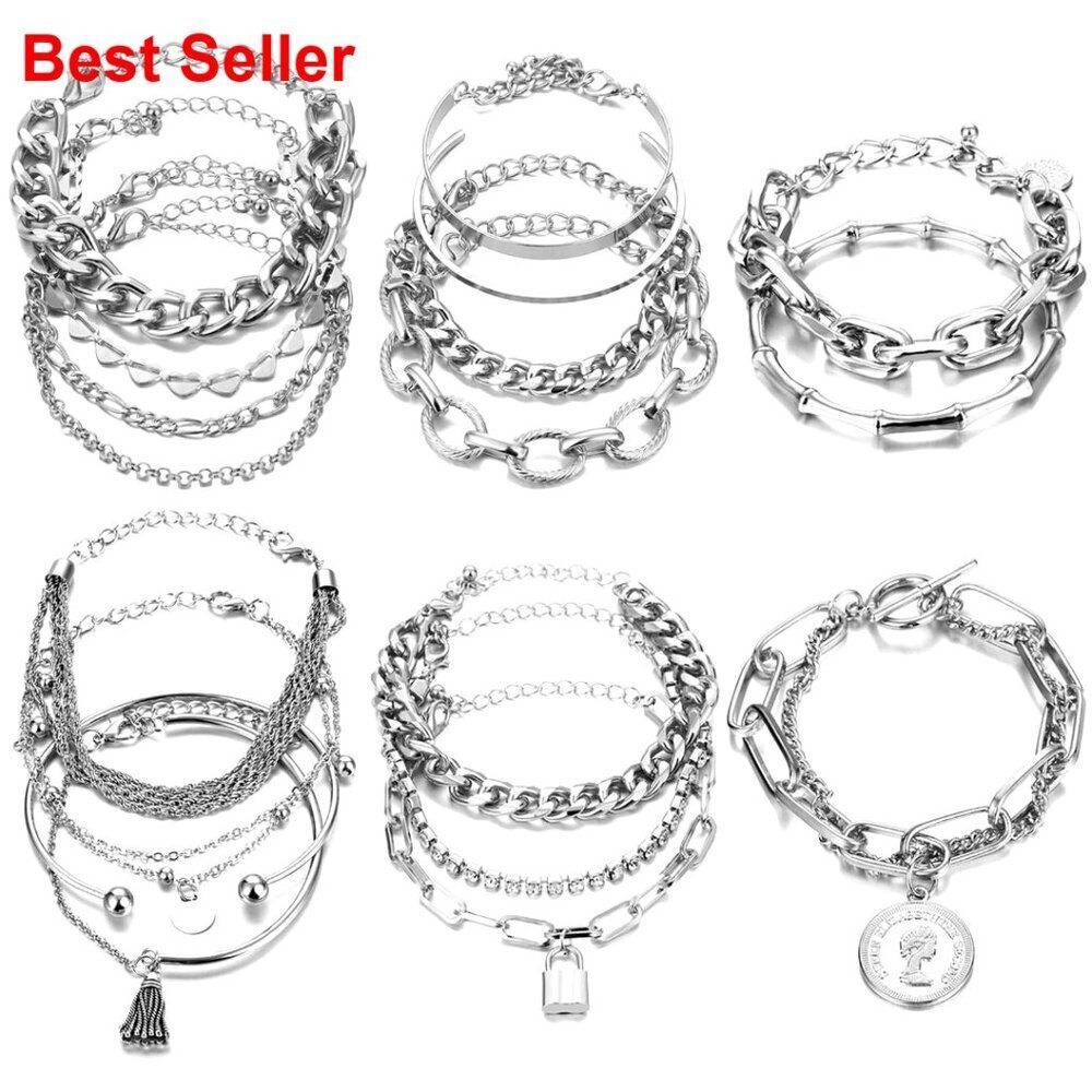 Stackable Silver-Plated Bracelets Set Adjustable Chain Cuff Bangles